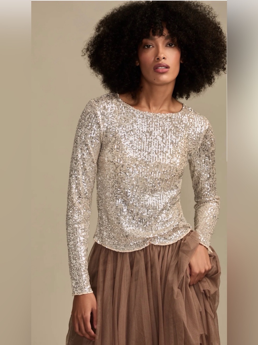 Lucky Brand Champagne Sequin Long Sleeve Top | Size Med Party & Holiday Ready